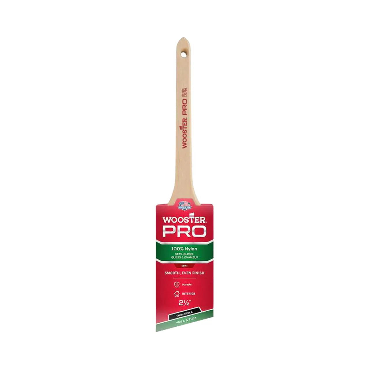 The Go Build 2-1/2 in. Pro Nylon Thin Angle Sash Brush features a red and green design with a wooden handle, made from 100% nylon for interior use, ensuring a smooth finish on semi-smooth surfaces.